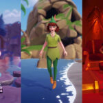 A player dressed as Alice looking at a black cat while smiling, Peter Pan flying in front of skull rock, and Jasmine standing in front of a throne in Disney Dreamlight Valley.
