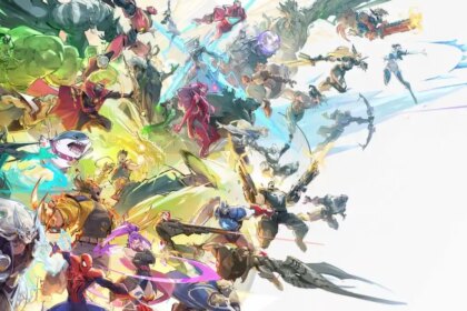 A massive group of Marvel Rivals characters lunging from the left side of the screen.