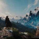 Screenshot of a graphical tech demo of The Witcher 4, showing a player overlooking a mountain vista.