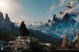 Screenshot of a graphical tech demo of The Witcher 4, showing a player overlooking a mountain vista.