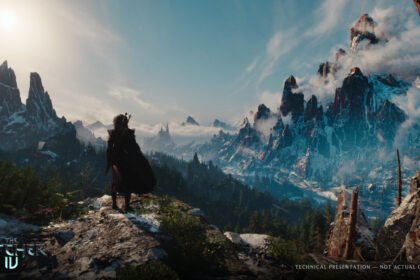 Screenshot of a graphical tech demo of The Witcher 4, showing a player overlooking a mountain vista.