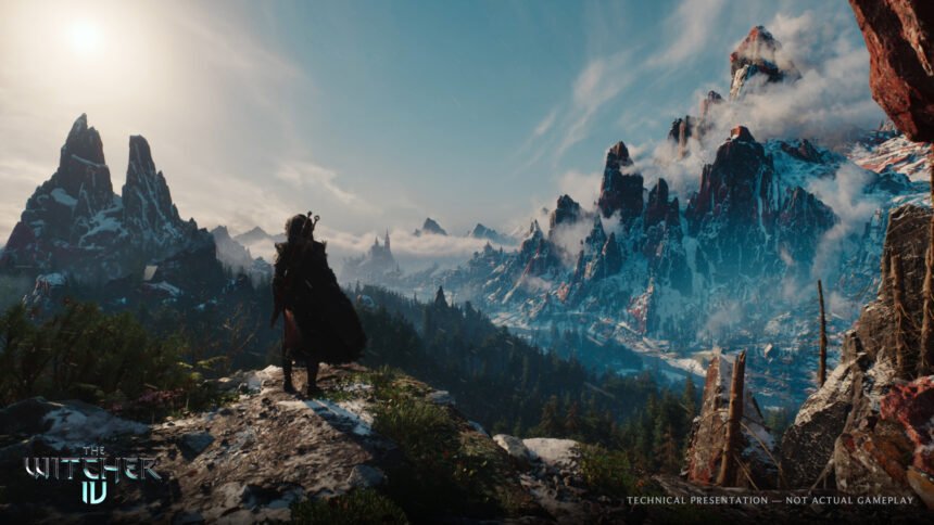 Screenshot of a graphical tech demo of The Witcher 4, showing a player overlooking a mountain vista.