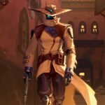 Riot wants to keep taking "risks" with Valorant. That's why its still alive in 2026: An image of a man wearing a black mask with glowing blue eyes, a long, tan trench coat and a wide-brimmed hat walking through a Middle Eastern-inspired area holding a gun