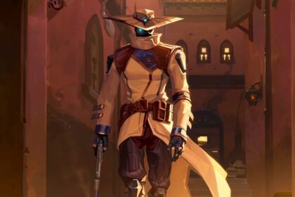 Riot wants to keep taking "risks" with Valorant. That's why its still alive in 2026: An image of a man wearing a black mask with glowing blue eyes, a long, tan trench coat and a wide-brimmed hat walking through a Middle Eastern-inspired area holding a gun