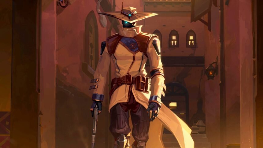 Riot wants to keep taking "risks" with Valorant. That's why its still alive in 2026: An image of a man wearing a black mask with glowing blue eyes, a long, tan trench coat and a wide-brimmed hat walking through a Middle Eastern-inspired area holding a gun