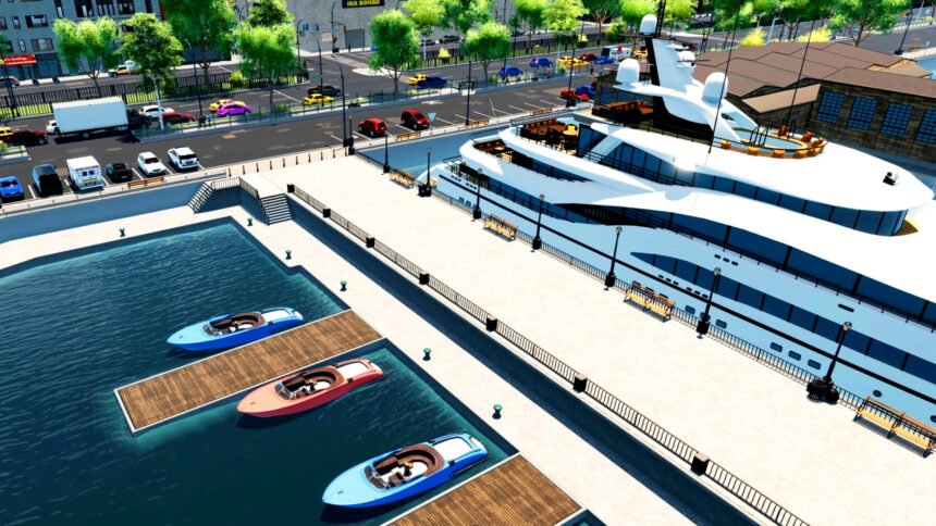 Big Ambitions 1.0 is out now, and this "life sim on steroids" is already a winner - A large yacht parked in a dock.
