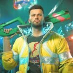 Cyberpunk 2077 mp mod: a man wearing a bright yellow bomber jacket, holding a futuristic rifle over his shoulder.