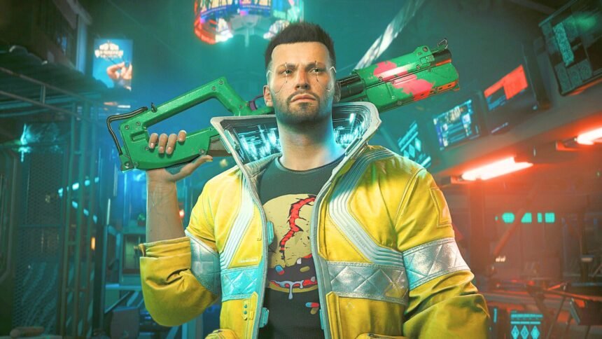 Cyberpunk 2077 mp mod: a man wearing a bright yellow bomber jacket, holding a futuristic rifle over his shoulder.