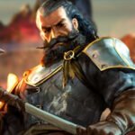 Enshrouded 1.0 will make its hardest boss fight less of a "chore" - A bearded adventurer in armor, clutching an axe in the Keen Games survival game.