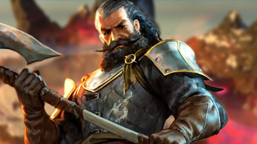 Enshrouded 1.0 will make its hardest boss fight less of a "chore" - A bearded adventurer in armor, clutching an axe in the Keen Games survival game.
