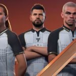 EA Sports FC 27 interview: three football players stand side by side, they are wearing white jerseys with black collars.
