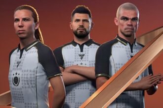EA Sports FC 27 interview: three football players stand side by side, they are wearing white jerseys with black collars.