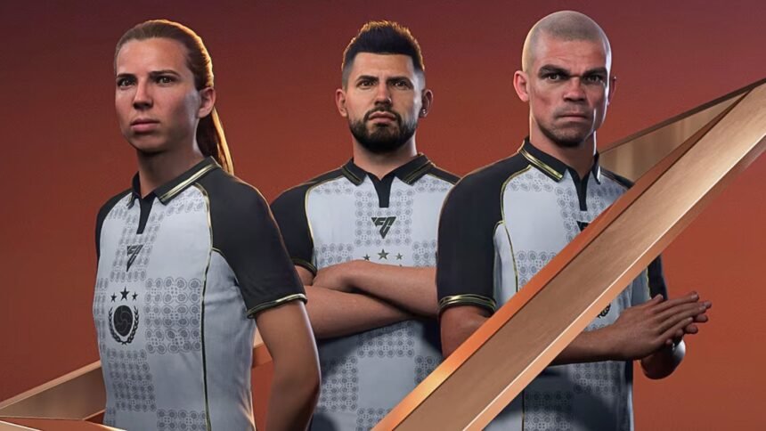 EA Sports FC 27 interview: three football players stand side by side, they are wearing white jerseys with black collars.