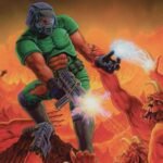 Fortnite potential Doom collab: a man wearing green tactical gear firing a pistol at a horde of red demons.