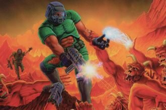 Fortnite potential Doom collab: a man wearing green tactical gear firing a pistol at a horde of red demons.