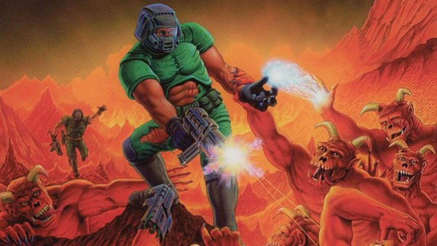 Fortnite potential Doom collab: a man wearing green tactical gear firing a pistol at a horde of red demons.