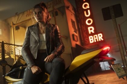 GTA 6 co-protagonist, Lucia Caminos, looks towards the camera on a yellow sports bike