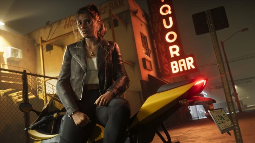 GTA 6 co-protagonist, Lucia Caminos, looks towards the camera on a yellow sports bike