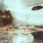Hell Let Loose Vietnam giveaway: a scene from the vietnam war, a helicopter approaching a beach.