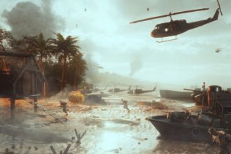 Hell Let Loose Vietnam giveaway: a scene from the vietnam war, a helicopter approaching a beach.