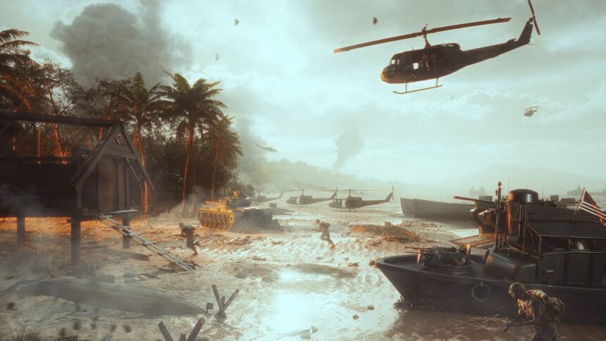 Hell Let Loose Vietnam giveaway: a scene from the vietnam war, a helicopter approaching a beach.