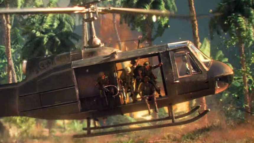 Hell Let Loose Vietnam post-launch update roadmap kicks off with two highly requested weapons and Hueys with radios - A group of soldiers prepares to disembark from a helicopter into the jungle.