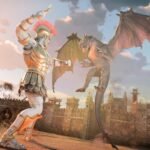 Heroes of Might and Magic 3 Remake Gamescom interview: a man wearing roman armor stands off against a huge fire breathing dragon.