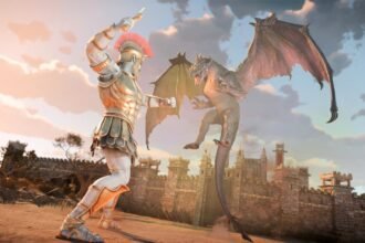 Heroes of Might and Magic 3 Remake Gamescom interview: a man wearing roman armor stands off against a huge fire breathing dragon.