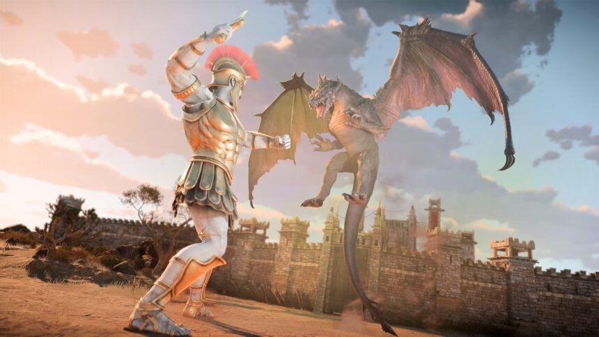 Heroes of Might and Magic 3 Remake Gamescom interview: a man wearing roman armor stands off against a huge fire breathing dragon.