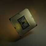 The underside of an Intel CPU, showing its socket connection.