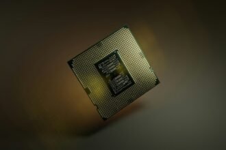 The underside of an Intel CPU, showing its socket connection.