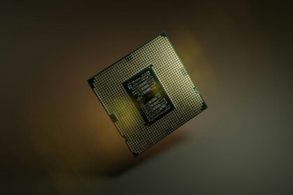 The underside of an Intel CPU, showing its socket connection.