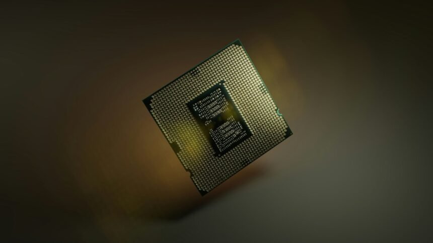 The underside of an Intel CPU, showing its socket connection.