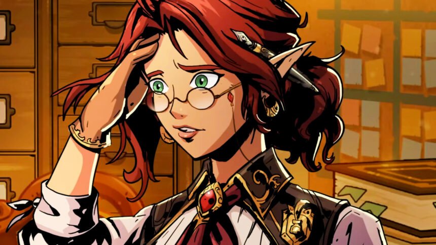 Ledgerbound is a new tactical RPG with flirting that could make BG3 blush - Rayna, the red-haired protagonist and insurance analyst.