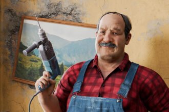 A guy with a drill in Low-Budget Repairs.