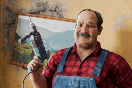 A guy with a drill in Low-Budget Repairs.