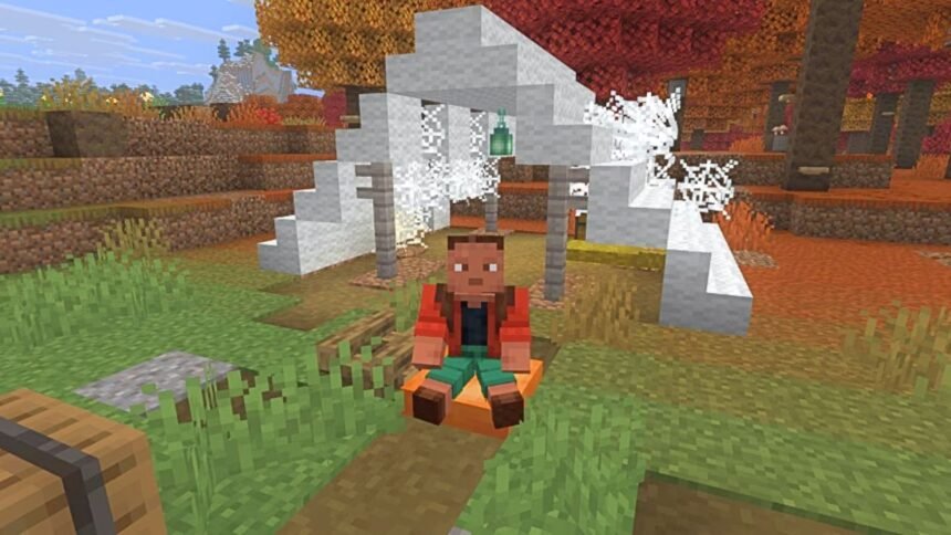 Minecraft Snapshot 9: a person made from blocks sits inder a tent in the woods.