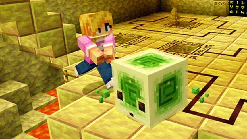 The Minecraft Sulfur Cube update has unlocked all manner of creative new Marketplace minigames - A player solves a puzzle in the Sulfur Strongholds add-on.