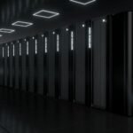 A row of PC servers in a dark room, helping to run Nvidia's GeForce NOW streaming service.