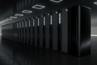 A row of PC servers in a dark room, helping to run Nvidia's GeForce NOW streaming service.