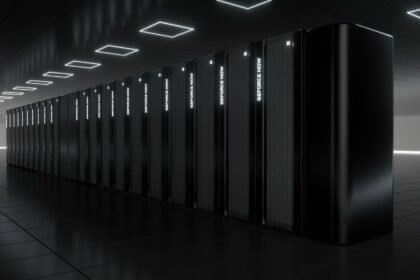 A row of PC servers in a dark room, helping to run Nvidia's GeForce NOW streaming service.