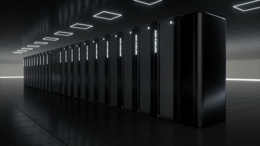 A row of PC servers in a dark room, helping to run Nvidia's GeForce NOW streaming service.