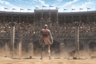 Path of Exile 2 1.0 release date: a gladiator stands with his back to the camera, facing the arena.