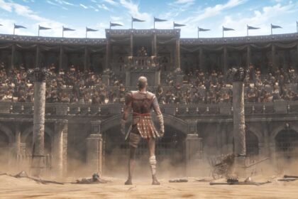 Path of Exile 2 1.0 release date: a gladiator stands with his back to the camera, facing the arena.