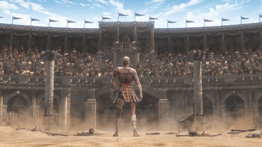 Path of Exile 2 1.0 release date: a gladiator stands with his back to the camera, facing the arena.