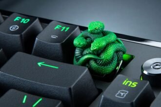 A green snake figurine keycap rising above a mechanical keyboard, replacing the standard F12 key.