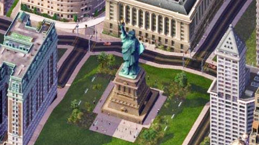 SimCity 4 mod finally fixes a 23-year-old bug with NAM update 50 - Sthe Statue of Liberty stands in a city square in the EA and MAXIS city builder.