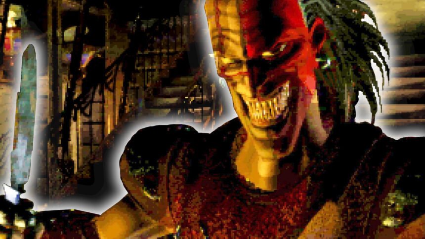 An image of a man smiling wickedly into the camera holding a knife