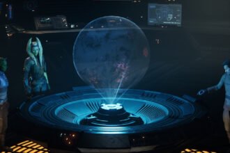 Characters standing around a holo sphere in Star Wars Zero Company.