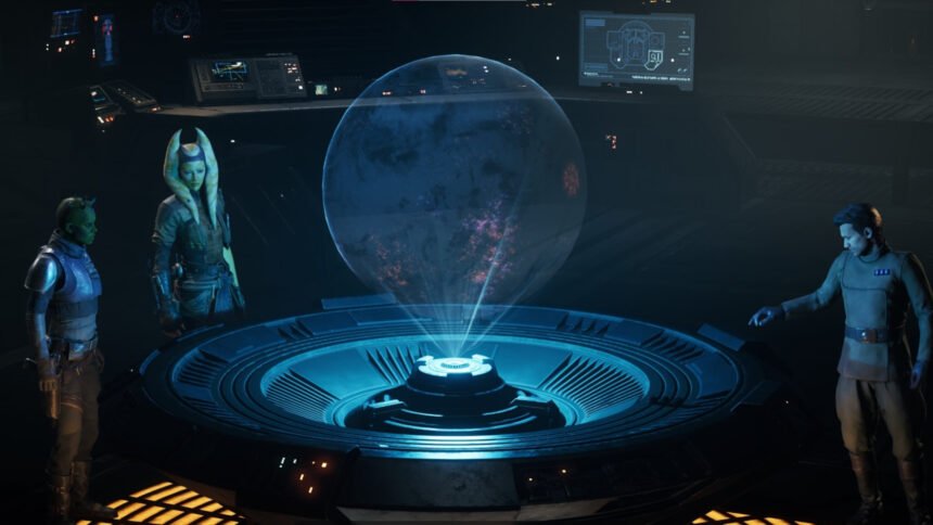 Characters standing around a holo sphere in Star Wars Zero Company.